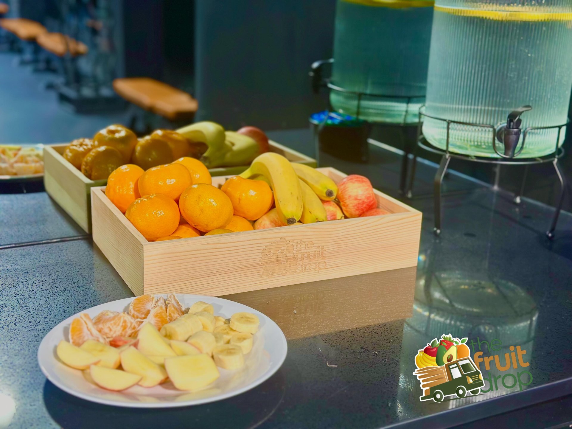 Branded fruit box stocked with mandarins, bananas and apples at a Sydney gym